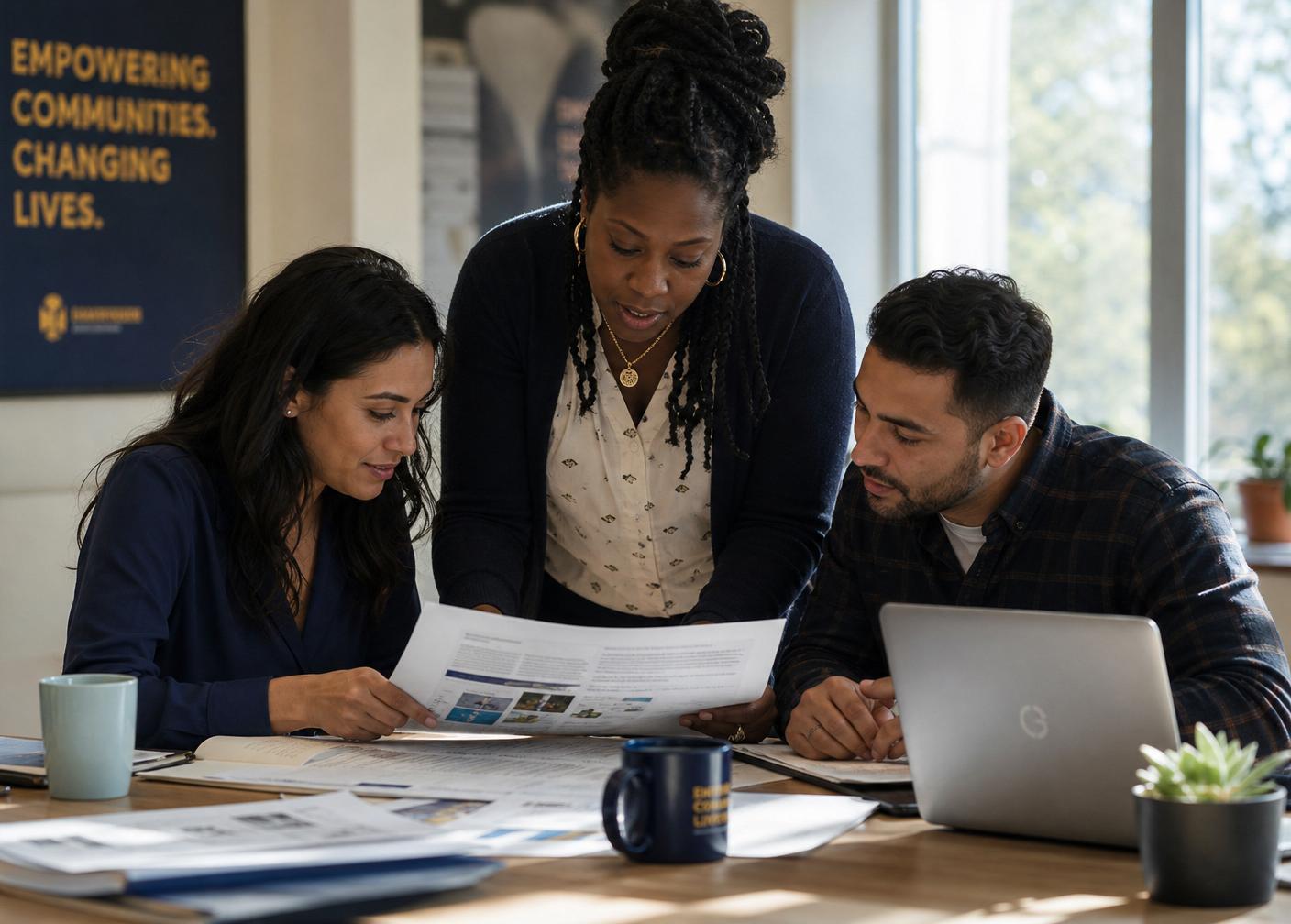 Three colleagues reviewing plans together at a light-filled table